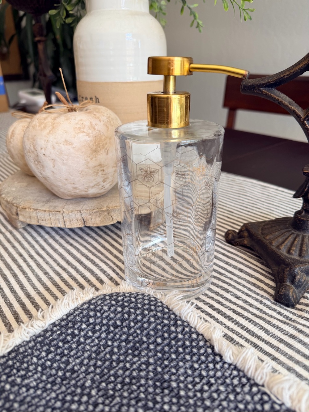 Williams Sonoma honeycomb Glass Soap Dispenser with Gold Pump